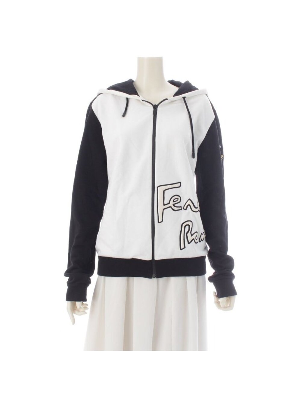 Fendi Sweatshirt Zip Up Logo Embroidery Hoodie White Black 48
